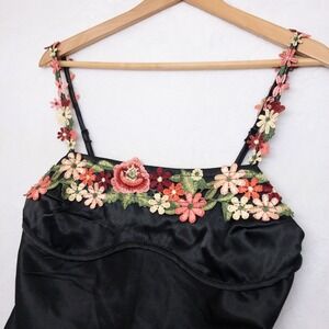 Jessica Simpson Floral Embroidered Satin Slip Dress Womens M Black Babydoll New